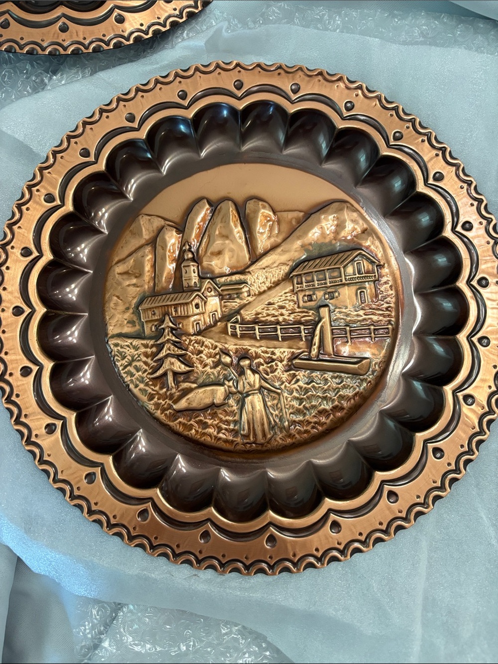 Vintage Copper Wall Art Plate with Scenic Relief